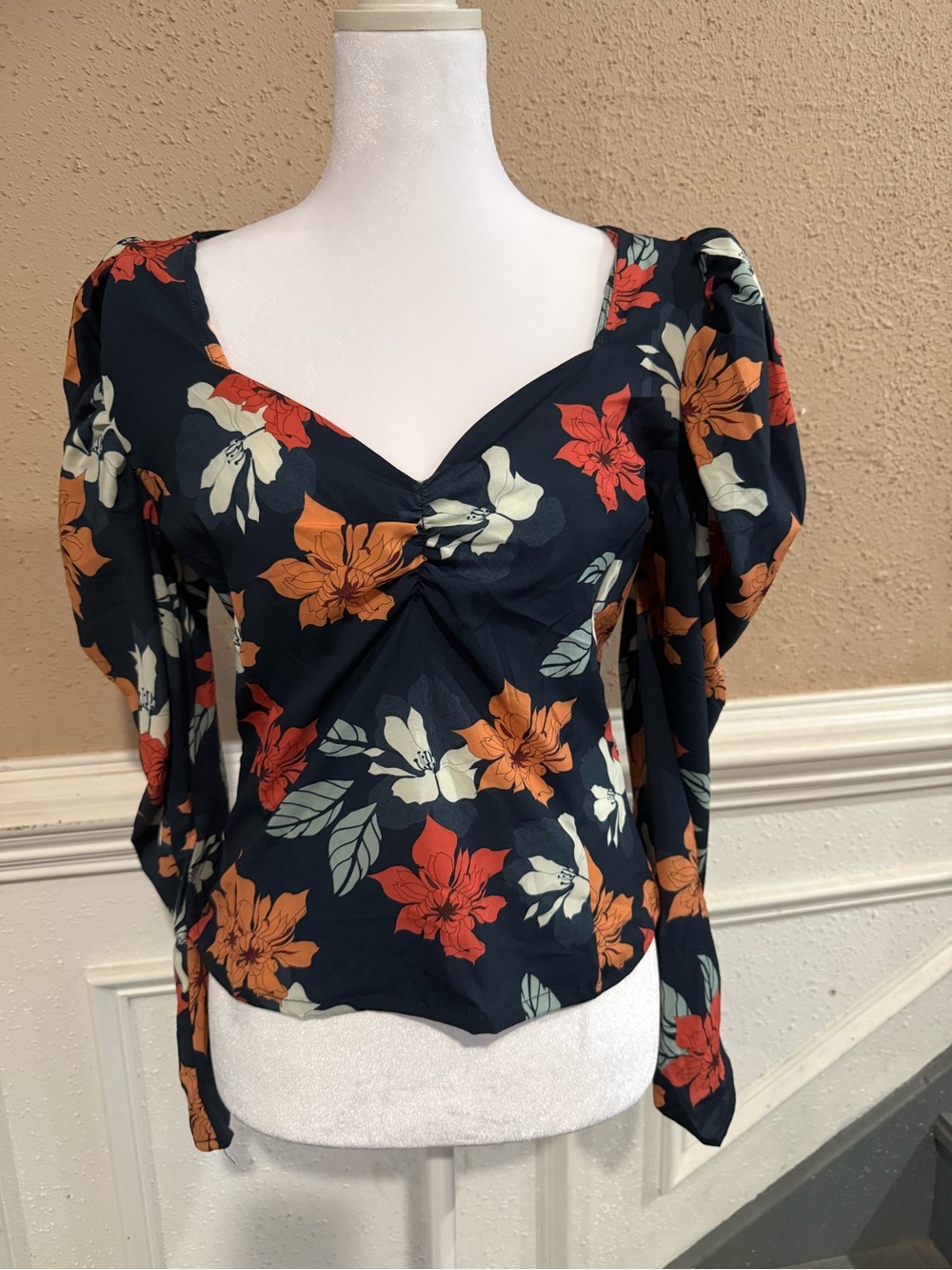 Navy Floral Twist Front V-Neck Blouse